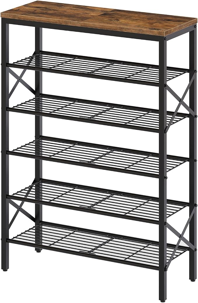 YATINEY 6-Tier Shoe Rack, Shoe Storage Organizer for Closet, Free Standing Shoe Organizer with Metal Mesh Shelves, 24 Pairs of Shoes, Rustic Brown and Black SS06BR