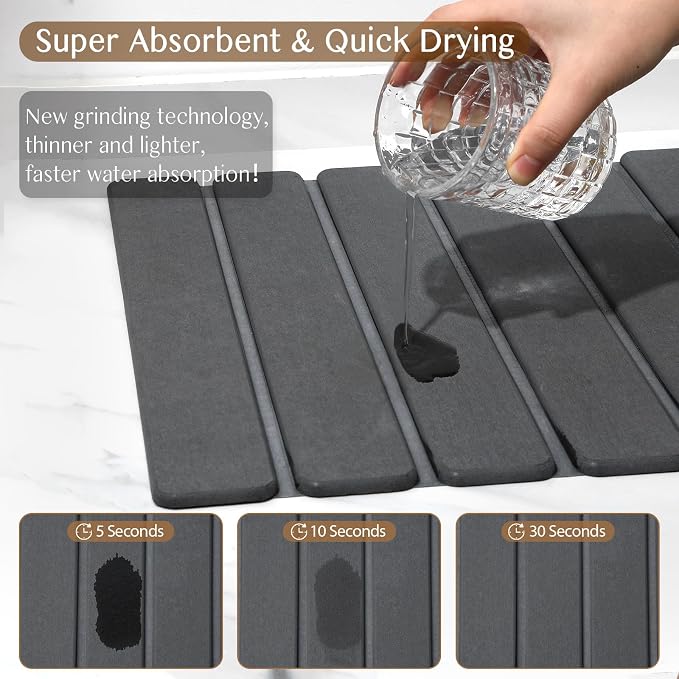 Large Stone Dish Drying Mat for Kitchen Counter, Thin & Light Quick Dry Stone Bath Mat, Foldable Water Absorbing Diatomite Drying Pad for Kitchen Bathroom Sink Countertop (Pure Gray 24"×16" & 8"x4")