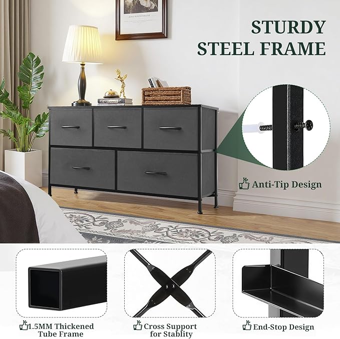 5-Drawer Dresser for Bedroom, Anti-Tip Wide Storage Organizer Fabric Chest of Drawers TV Stand for 45" TV with Wooden Top and Metal Frame for Closet, Living Room, Hallway, Entryway, Gray
