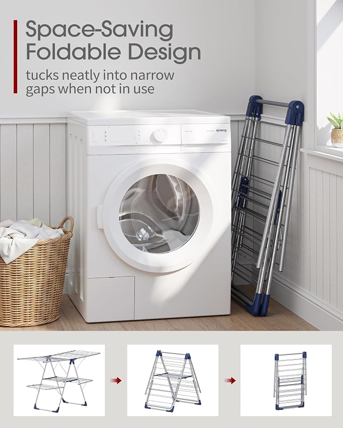 Sakugi Clothes Drying Rack, Foldable 2-Level Laundry Drying Rack with Height-Adjustable Wings, for Clothing & Bedding, Free-Standing Space-Saving Rack, Indoor & Outdoor, 55.5"L × 22.8"W, Silver Blue