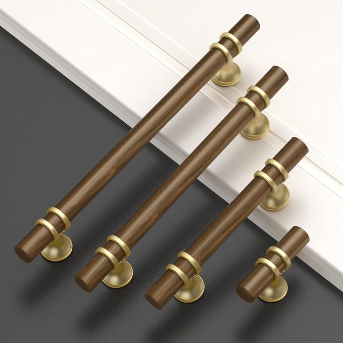 Asidrama 10 Pack 5 Inch(128mm) Wood and Gold Cabinet pulls Kitchen Cabinet Handles, Cabinet Pulls Kitchen Cabinet Hardware for Cupboard Drawer Pulls