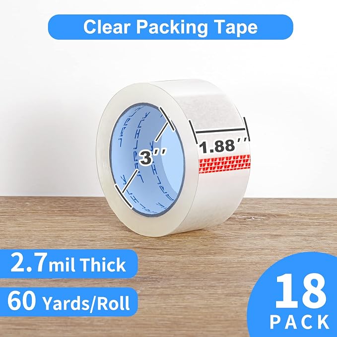 JARLINK 18 Rolls Clear Packing Tape, Heavy Duty Packaging Tape | 2.7mil Thick and 1.88" Wide. 60 Yards per Roll, 1080 Total Yards. Moving Supplies for Shipping Packaging Sealing