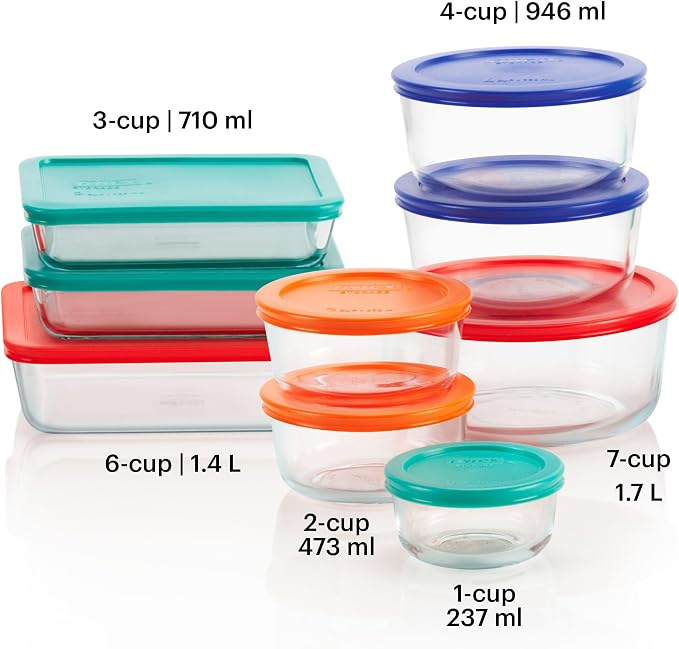 Pyrex Simply Store (9-Pack) Mixed Sized Glass Food Storage Set, Round & Rectangular Containers With Plastic Lids, BPA-Free, Dishwasher & Microwave Safe