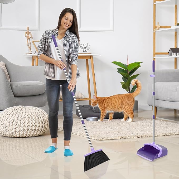 NACENA Broom and Dustpan Set, 52-in Long Adjustable Handle Broom Dustpan Combo with Dustpan Teeth to Automatically Clean Hair Suitable for Home Kitchen Office Hall Floor (Purple)