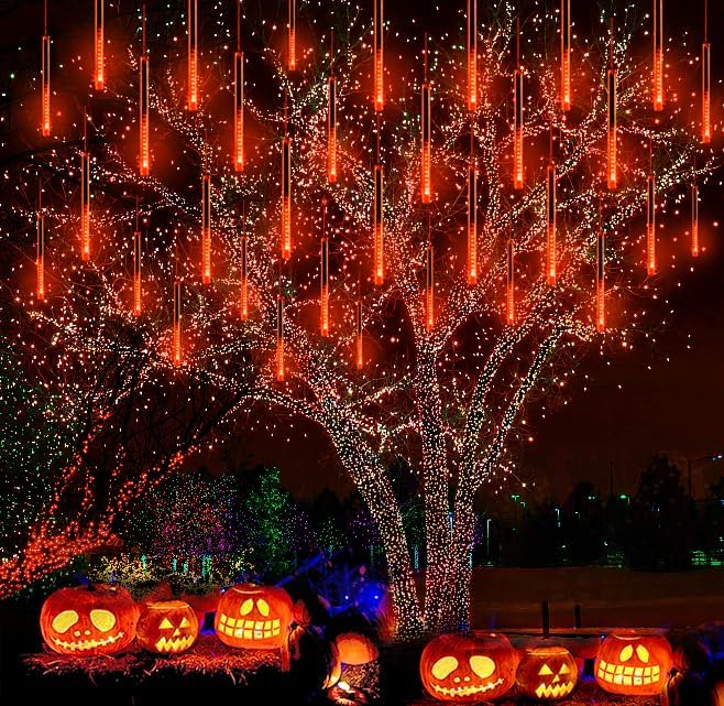 Halloween Yard Decorations: Orange Meteor Shower Lights for Outdoor Decor