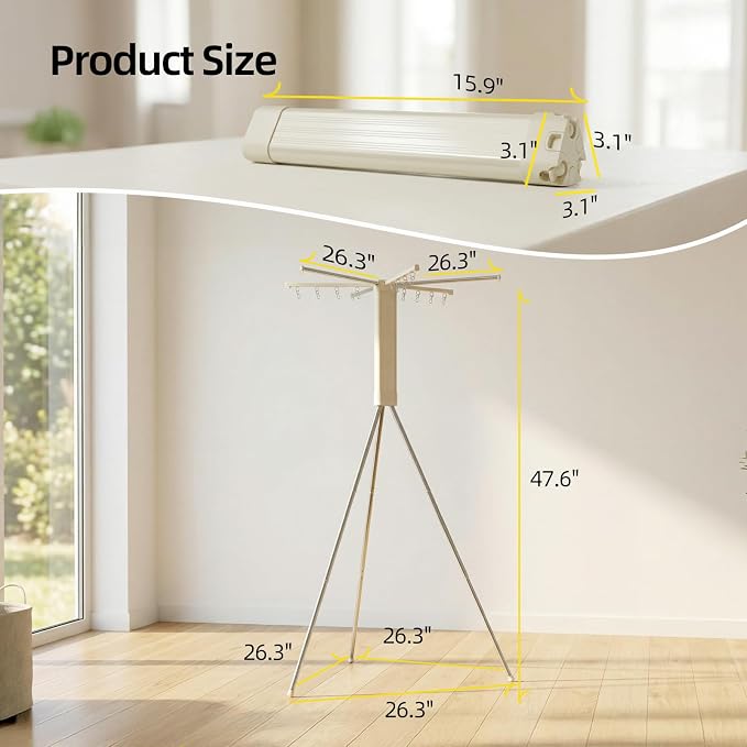 BIREN Foldable Clothes Drying Rack Tripod Clothes Rack with Clips Heavy Duty Laundry Rack Portable Clothing Racks for Travel, Camping, Hotel, Apartment, 6 Poles