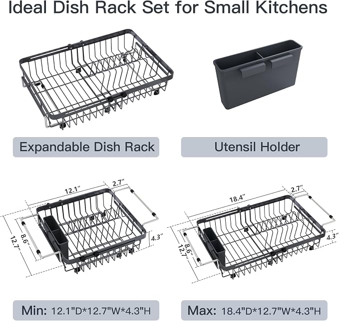 Grey Dish Drying Rack Over The Sink with Utensil Holder | Expandable Stainless Steel Dish Drainer for Small Kitchen, Apartment, RV, Counter Space Saving, Perfect Fit, Rustproof