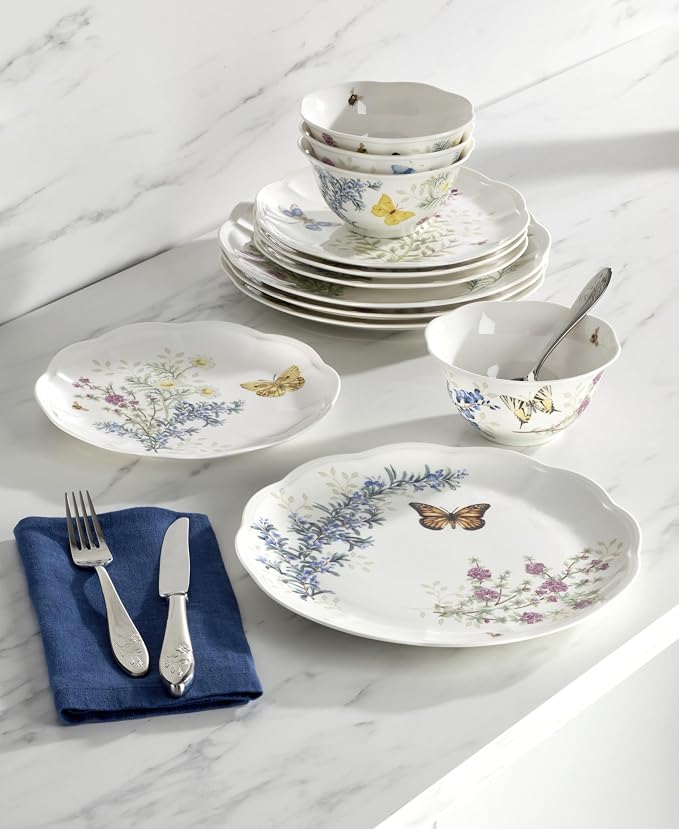 Lenox Butterfly Meadow Herbs Porcelain 12-Piece Dinnerware Set for 4 | ceramic, dishwasher safe, microwave safe | plates and bowls sets for kitchen and dining, dish set, dishes