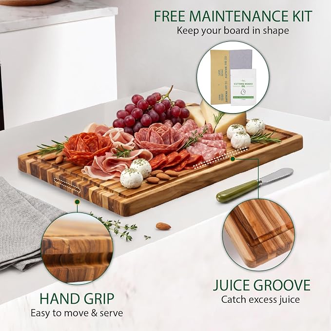Teak Wood Cutting Board with Hand Grip (20x15x1.25", M) | Wooden cutting boards for kitchen, wood chopping board, butcher block, charcuterie board for serving. Gift box included
