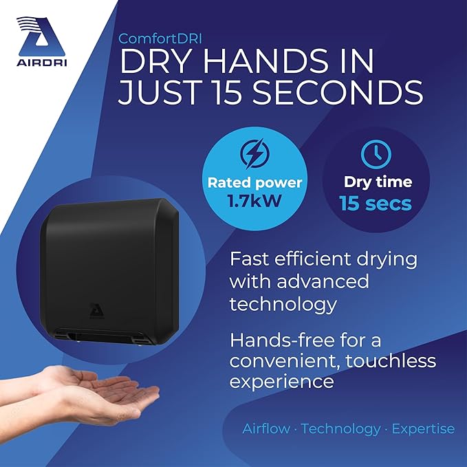 ComfortDRI Automatic Warm Air Hand Dryer - 1.7kW Low Noise Motor - 15-Second Dry Time - 67dBA Noise Output - ADA Compliant - Ideal for Small Workplaces - Matte Black
