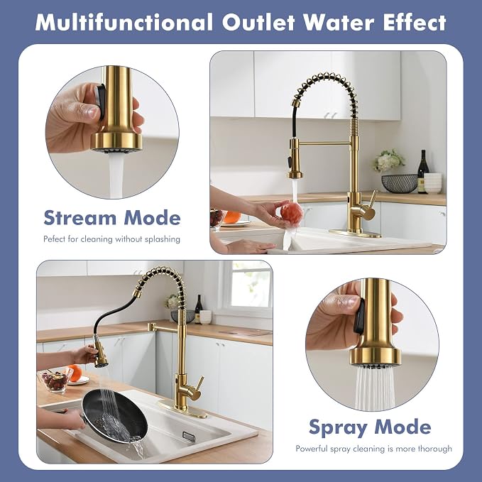 GIMILI Gold Touchless Faucet with Pull Down Sprayer, Motion Sensor Smart Activated Single Hole Spring Faucet for Kitchen Sink