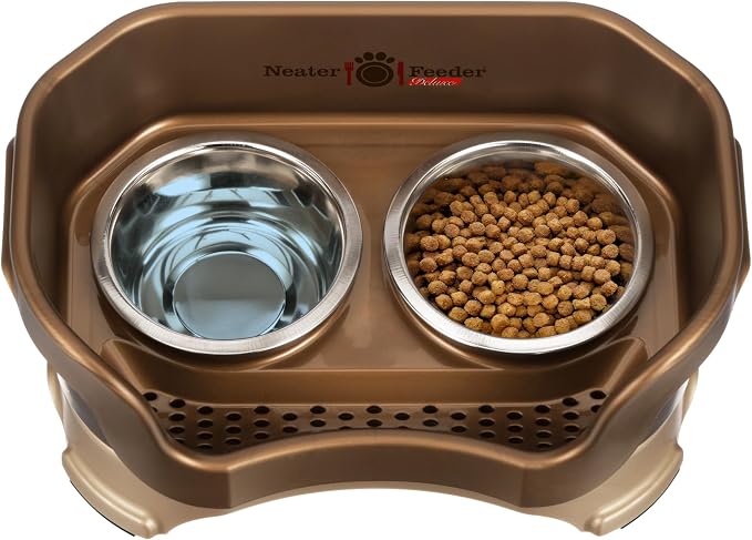Neater Pet Brands Neater Feeder Deluxe Mess Proof Cat Bowls Elevated, Made in USA, No Spill Raised Bowls for Indoor Cats, Stainless Steel Food and Water Bowl Set, Pet Dish Feeding Station, Bronze