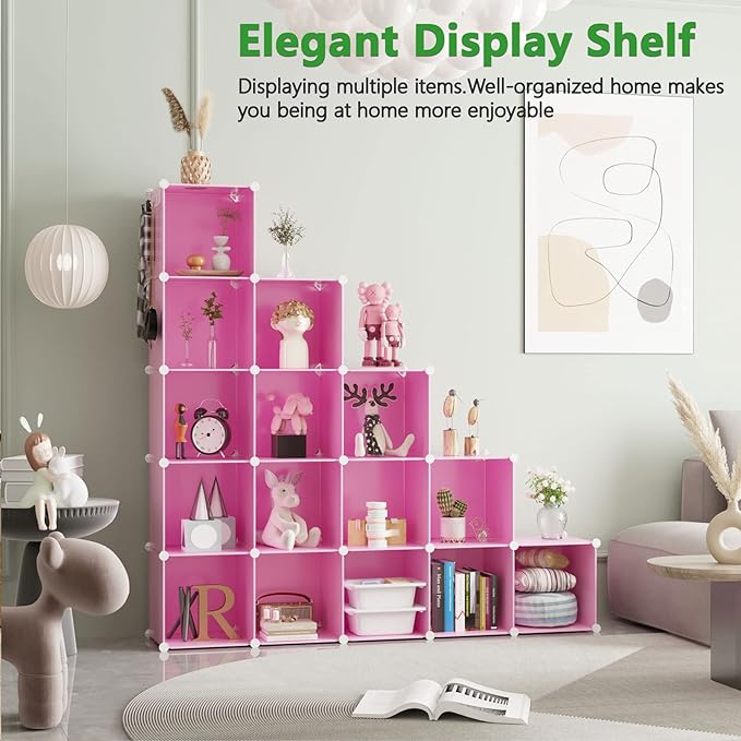 C&AHOME 16 Cube Storage Organizer Cube Shelves Units Storage Cubes, Pink | Plastic DIY Closet Organizer, Stackble Modular Closet Storage Shelves Ideal for Home, Bedroom, 48.4" L × 12.4" W × 48.4" H