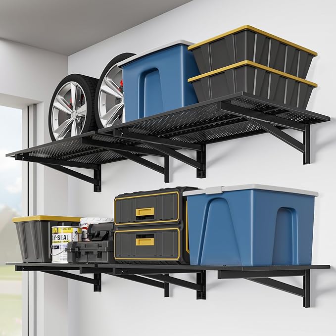 Jusgym 4 Pack Heavy Duty Garage Wall Shelving (2x3ft), 1400lbs Capacity Garage Shelving Wall Mounted, 24"x72"Garage Storage Rack Floating Shelves, Black