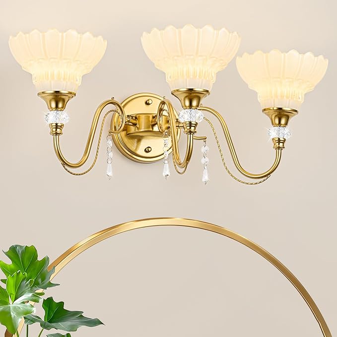 Vintage Bathroom Vanity Light, 3-Light Brushed Gold Finish Wall Sconce with Hanging Crystal Accents and Flower-Shaped White Glass Shades, Retro Wall Mount Vanity Light Over Mirror for Bathroom