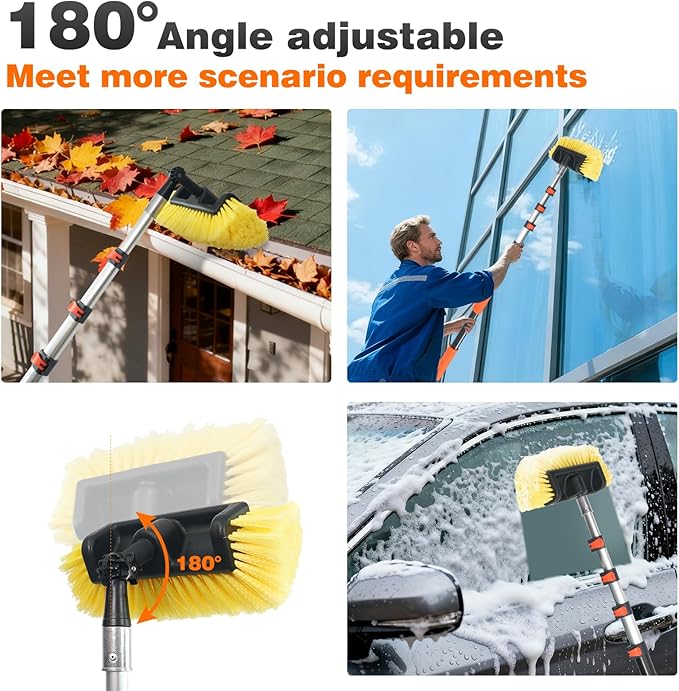 16FT Car Wash Brush with Long Handle, Car Cleaning Brush with 12" Soft Bristle and 12" Hard Bristle, 4-16Ft Telescopic Pole for Scratch-Free Cleaning Truck,RV, Boats,House Siding,Floors,Solar Panels