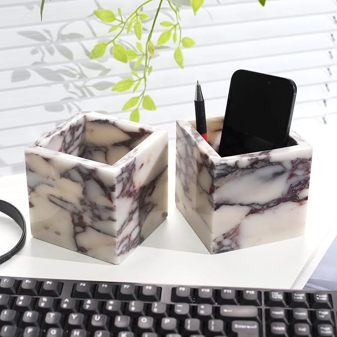 Natural Marble Makeup Brush Holder for Vanity, Marble Toothbrush Holder for Bathroom, Luxurious Countertop Organizer, Calacatta Viola Bathroom Accessories Square