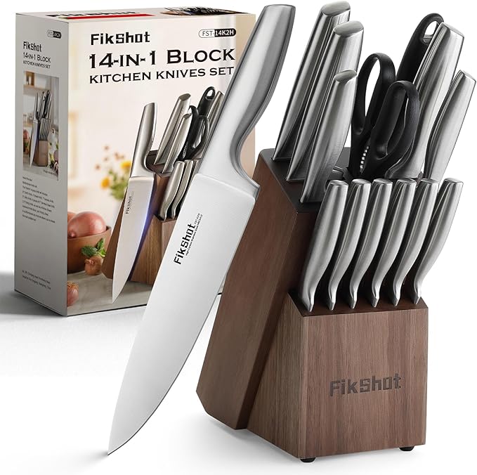 FIKSHOT 14 Pieces Knife Block Set German Stainless Steel with Sharpener | Razor-Sharp Santoku Knives, Fruit & Kitchen Knives, Rust Resistant for Homecooks, BBQ Prep (Silver + Walnut)