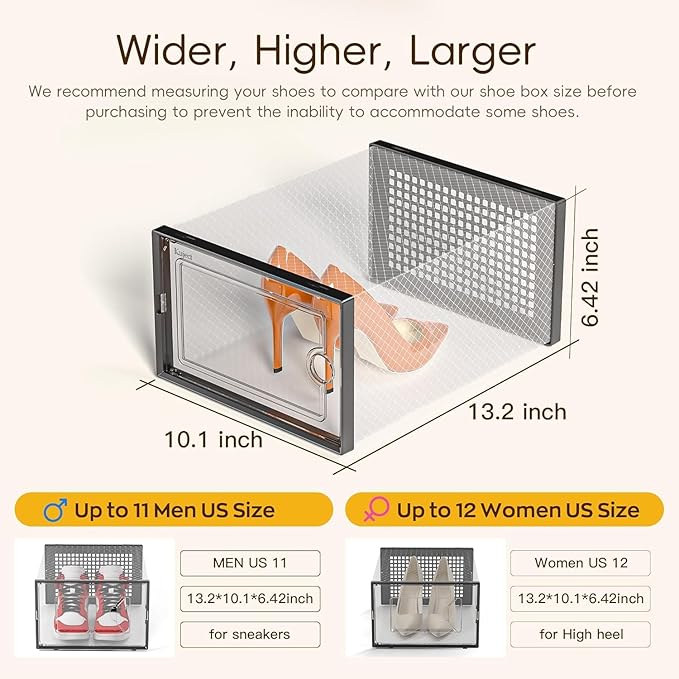 Kuject X-Large Shoe Storage Boxes Organizers Clear Plastic Stackable 12 Pack, Shoe Rack & Holder Substitute, Sneaker Containers, Toy Storage Organizer Bins for Entryway, Closet, Under Bed, Black