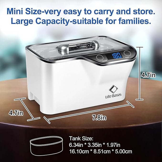 LifeBasis Ultrasonic Cleaner – 45kHz Professional Ultrasonic Jewelry Cleaner 600ML with Built-in Cooling Fan, 5 Digital Timer for Rings, Coins, Watches, Eyeglasses, Dentures, Retainers & More, White