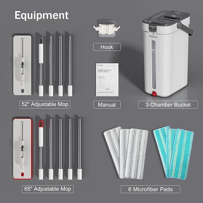HoMettler Dual Mop and Bucket Set, Flat Mop and Bucket System with Separate Dirty and Clean Water, 3-Compartment Wall Cleaner Mop, Flat Mops for Floor Cleaning with 6 Microfiber Pads