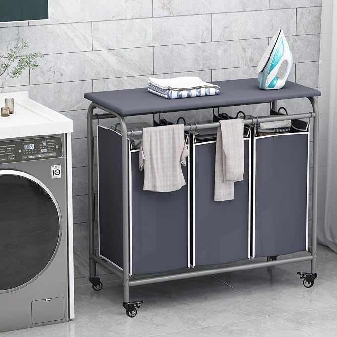 LINZINAR 3-Bag Laundry Hamper with Ironing Board, Grey 135L Laundry Sorter | Laundry Room Organization with Heavy Duty Rolling Lockable Wheels and Removable Bag, Bedroom Laundry Cart for Clothes Storage