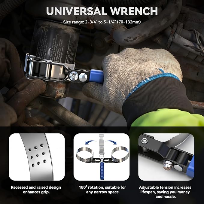 DISEN Oil Filter Wrench Set, 8PCS Oil Filter Swivel Wrench Set 2-3/4" to 5-1/4", 9" & 12" Adjustable Oil Filter Pliers,Universal 3-Jaw Removal Tool with 1/2" to 3/8" Adapter, Organized in Storage Case