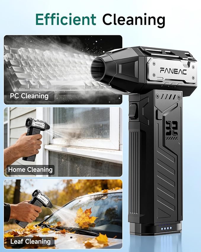 Compressed Air Duster - 2 Swappable Battey Packs and 4 Nozzles, Rechargeable Air Duster, 3-Speed Cordless Air Duster for Dust/Snow Cleaning (2-yr Warranty)