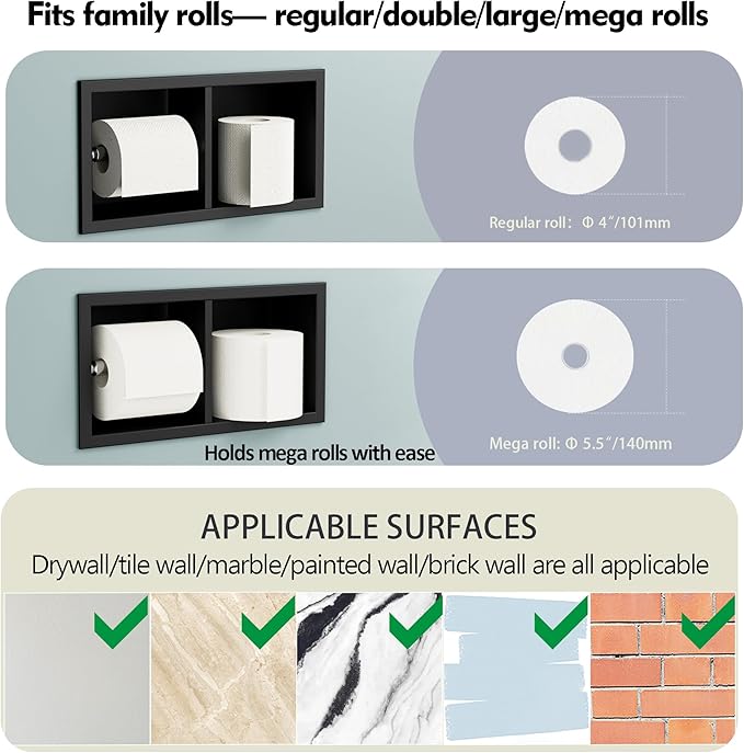 Neodrain Dual Roll Recessed Toilet Paper Holder - 304 Stainless Steel Hidden in-Wall Design Simple Loading and Unloading Space-Saving for Modern Bathrooms (Black)