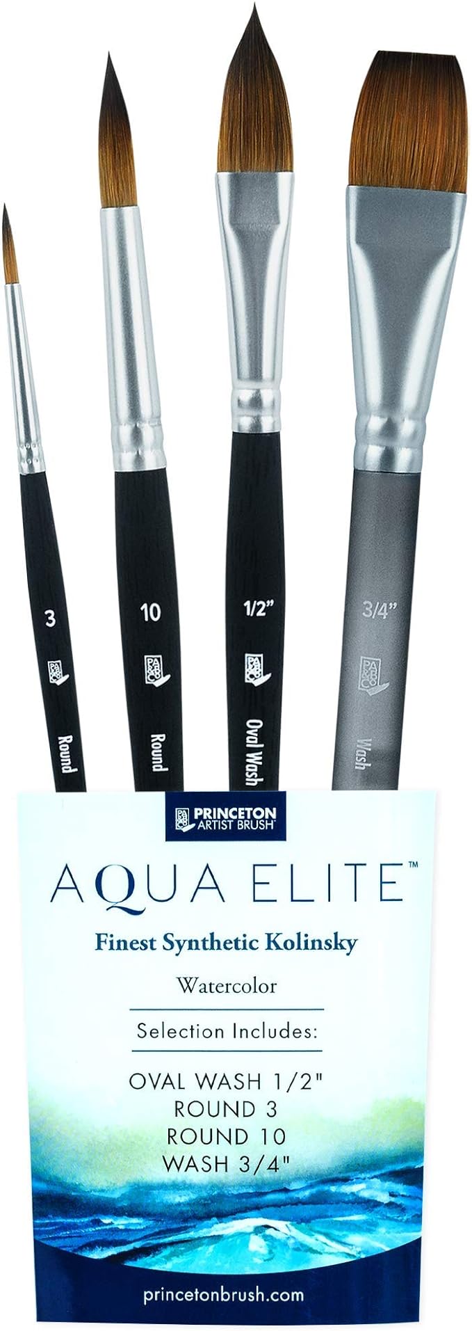 Princeton Artist Brush Co Aqua Elite 4850 Series - 4pc Watercolor Brush Set - Synthetic Watercolor Brushes Professional Kolinsky Sable Brushes - 1/2” Oval Wash, 3/4" Wash, Round 3 & Round 10