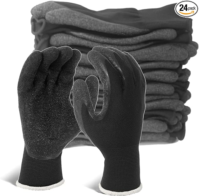 Evridwear Crinkle Latex Rubber Hand Coated Safety Work Gloves for Men Women General Multi Use Construction Warehouse Gardening Assembly Landscaping,Black Large 12 Pairs Pack