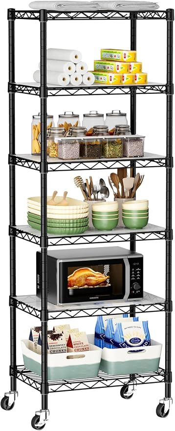 Golpart Small 6 Tier Shelves Storage Wire Shelving Unit Metal Shelf Adjustable Organizers Storage Shelving with Wheels for Bathroom Laundry Room Kitchen Pantry11.7”D x 17.7”W”W x 61.6”H Black