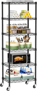 Golpart Small 6 Tier Shelves Storage Wire Shelving Unit Metal Shelf Adjustable Organizers Storage Shelving with Wheels for Bathroom Laundry Room Kitchen Pantry11.7”D x 17.7”W”W x 61.6”H Black