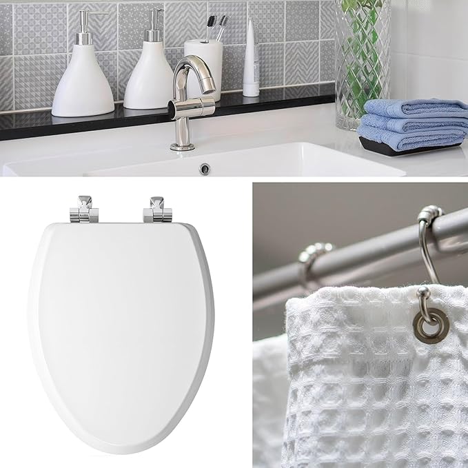 Mayfair Bennett Toilet Seat with Brushed Nickel Hinges, Slow Close Wood Seat, Secure Metal Hinges, Easy Install, Elongated, White