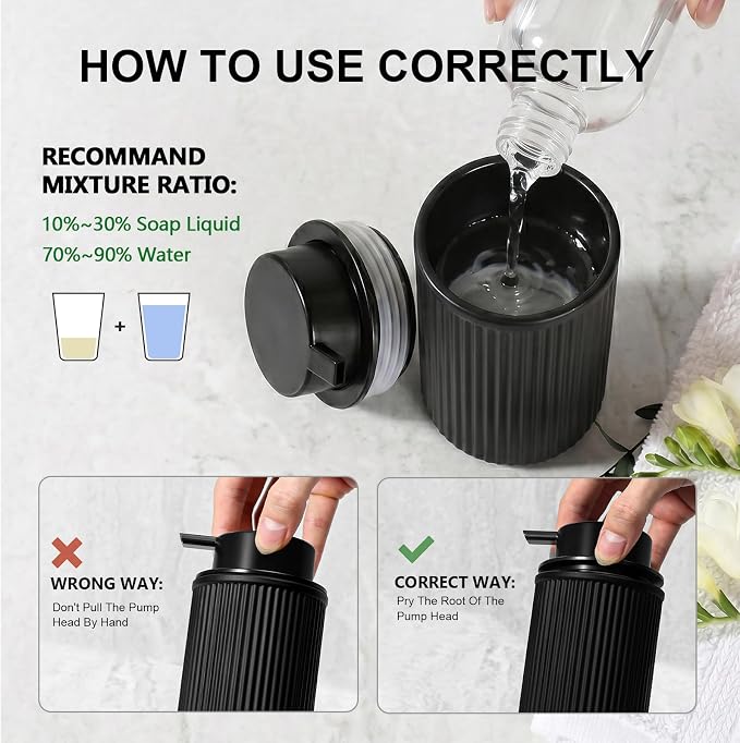 KASUNTING Matte Black Foaming Soap Dispenser, Ribbed Glass Foam Hand Soap Dispenser for Bathroom, 11 Fl Oz Refillable Foaming Bottle with Black Pump, Modern Dish Soap Foam Dispenser