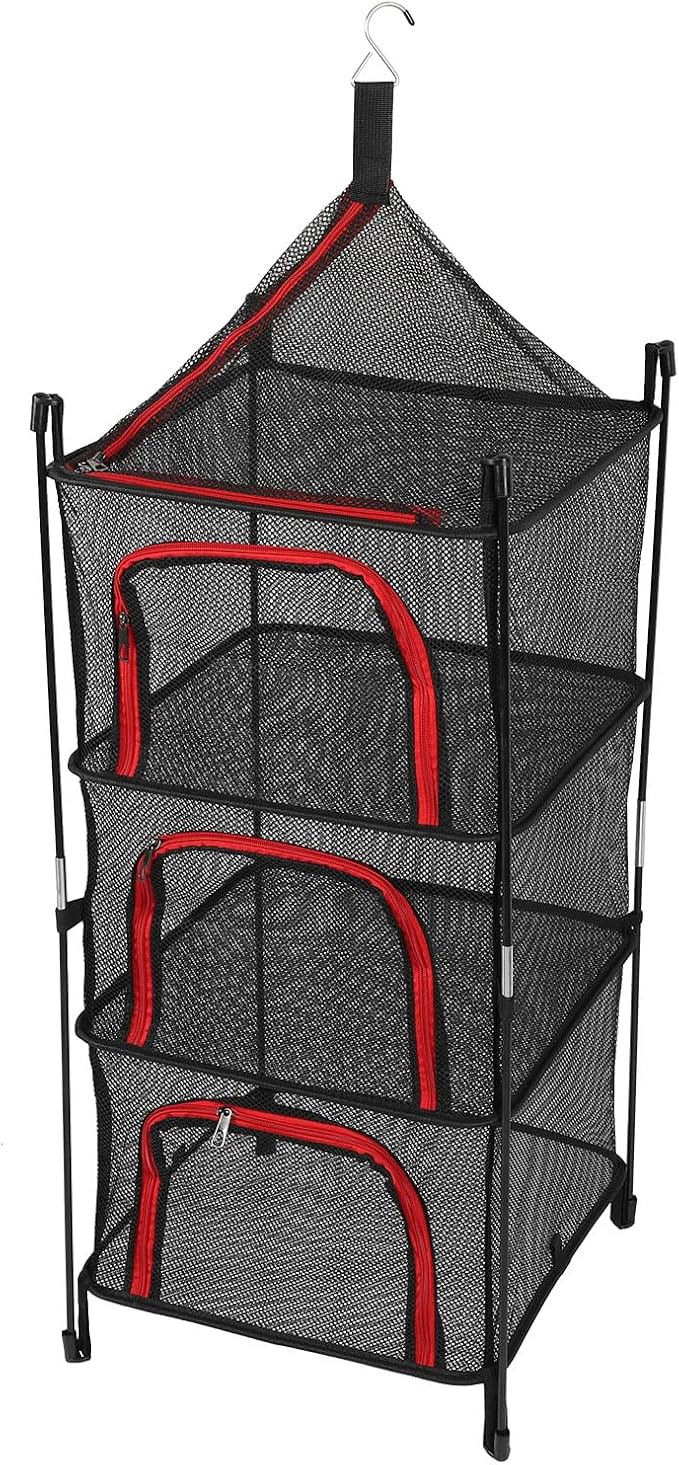 GOWENIC 4 Layer Hanging Drying Mesh Foldable Net Rack for Clothes Fish Heavy Duty Thickened Material, Space Saving Hanging Dryer for Travel Camping (Red)