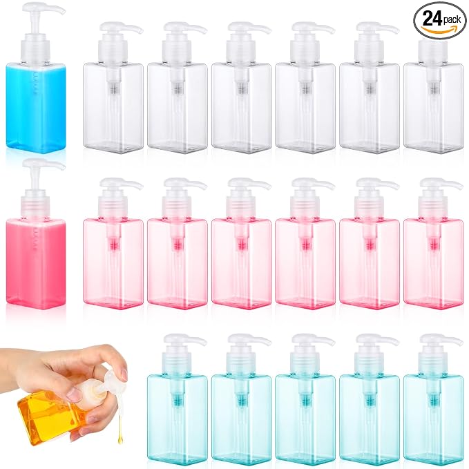 Domensi 24 Pcs 100ml /3.4 oz Pump Bottle Mini Travel Bottles Small Dispenser Containers Plastic Pump Lotion Dispenser Empty Square Travel Size Containers Toiletries (Multicolor)