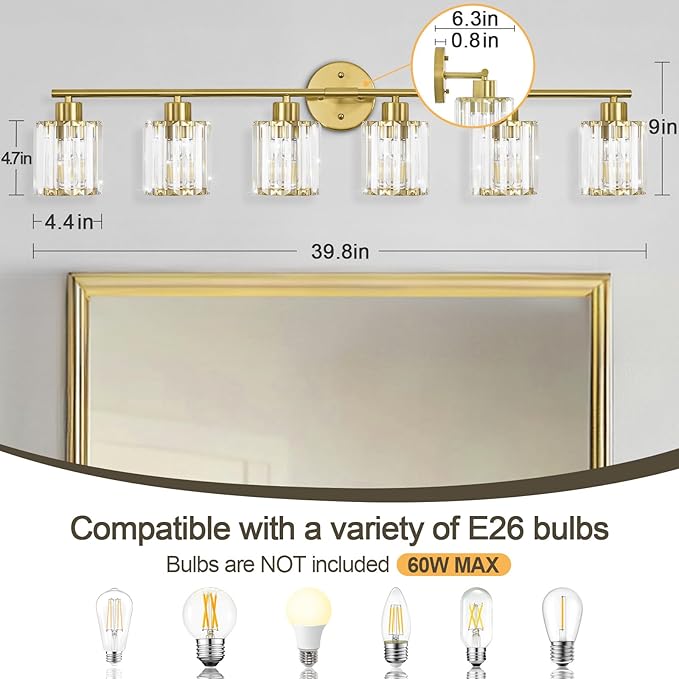 Crystal Bathroom Light Fixtures,Bathroom Lighting Fixtures Over Mirror, Modern 6-Light Brushed Nickel Vanity Lights for Mirror, Restroom,Kitchen(Ceramic E26 Socket,Bulbs Not Include)