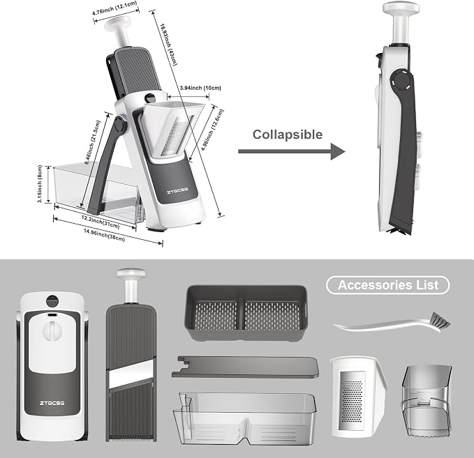 Vegetable Slicer for Kitchen, Safe Mandoline Slicer, Adjustable Veggie Potato French Fry Cutter, Wider Tray & Stainless Steel Grater & Filter Basket & Lid & Cleaning Brush (Gray Pro)