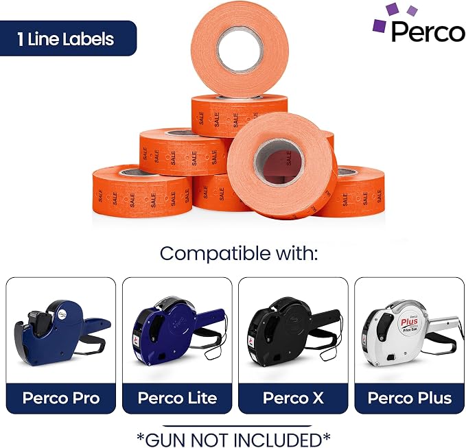 Perco 1 Line Fluorescent Red Sale Labels - 8,000 Blank Price and Date Gun Labels for Perco Lite, X, Plus and Pro 1 Line Price and Date Guns- 8 Rolls, 1 Sleeve - Made in USA