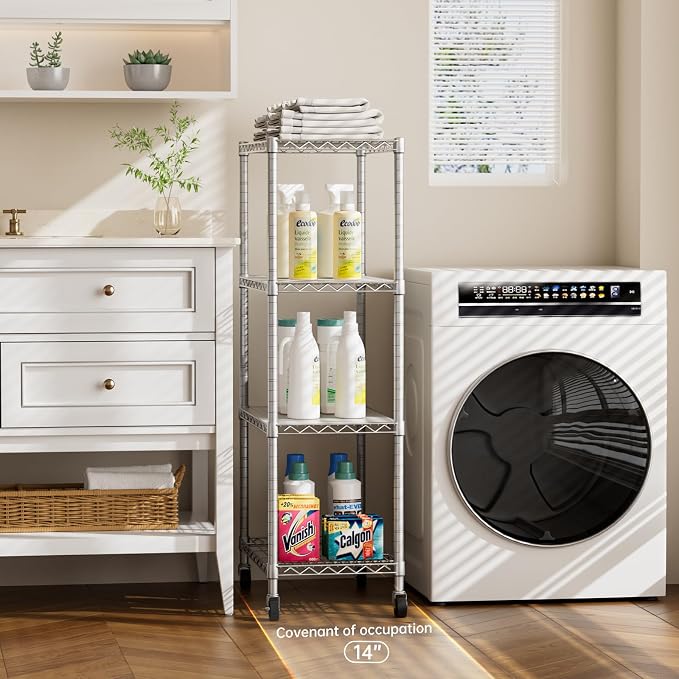 Golpart 4 Tier Shelves Storage Shelf Wire Closet Bathroom Organizers Metal Pantry Kitchen Garage Shelving Unit Laundry Room Organization Home Rack Net Basket White with Wheels 14”D X 24”W X 48.9”H