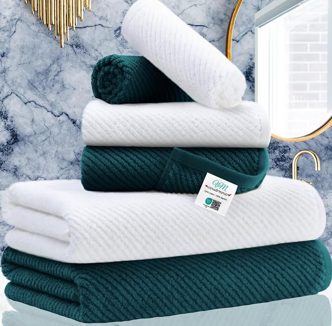VOOVA & MOVAS 6PC Towel Set, 100% Cotton, Deep Turquoise White | 2 Large Bath 30x56 In, 2 Hand 18x28 In, 2 Wash Cloths 13x13 In, Quick Dry, Thick, Soft, Bathroom Decor Set
