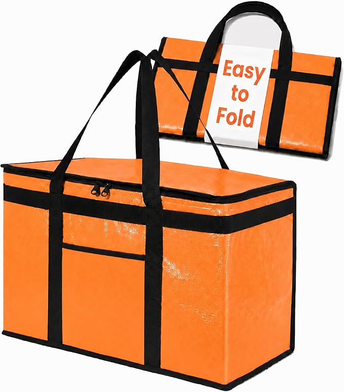 PRO Large Insulated Food Delivery Bag (2XL, Orange, 1 Pack) | Thermal bag, For cold & hot food, Water-resistant, Portable cooler, Soft sided catering tote, Grocery bag with zippered top