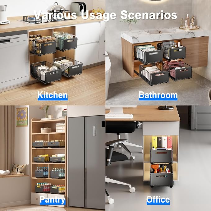 Mustorn 2 Pack Pull Out Cabinet Organizer, Slide Out Drawers for Cabinets, Peel and Stick, Heavy Duty Shelves for Kitchen, Cupboard, Pantry, Bathroom (14.76" D*9.65" W*7.87" H-Black)