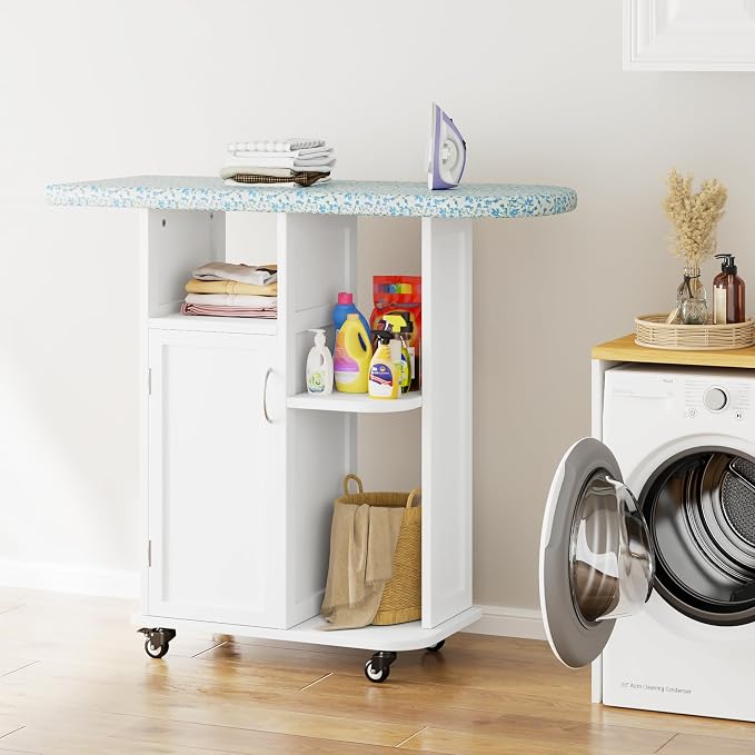 Rolling Ironing Board with Storage Cabinet, Small Ironing Table with Wheels | Ironing Board Cabinet with Fixed Heat-Resistant Pad, Ironing Table with Storage Shelves for Small Space, Laundry, Craft Room