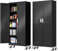 PAOFIN 71''H Tall Metal Garage Storage Cabinet with Wheels,Steel File Cabinets with 2 Doors and 4 Adjustable Shelves for Home Office, Warehouse, Required Assembly,Black