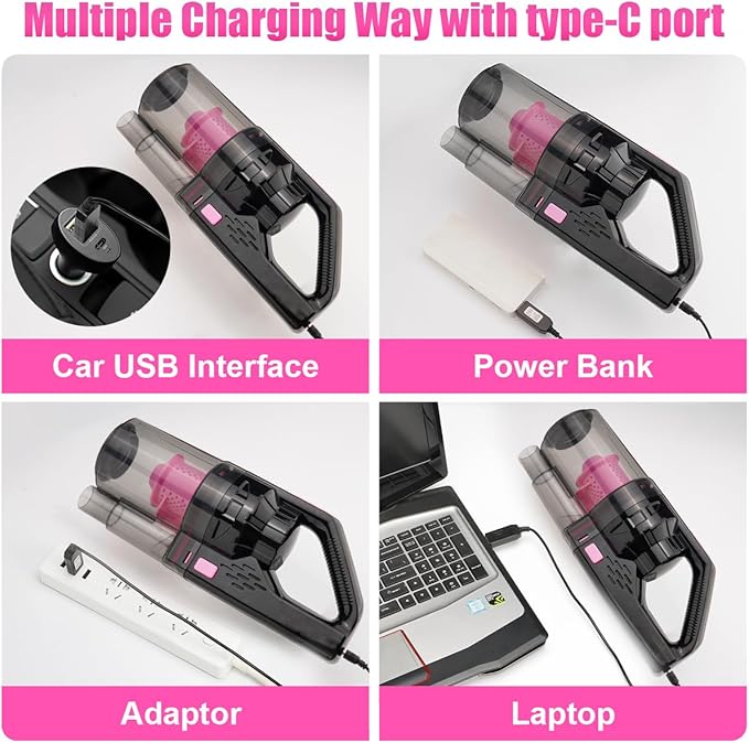 Car Vacuum Cordless Rechargeable, 8000PA High Power Handheld Vacuum Cleaner with 17PCS Car Cleaning Kit, Pink Auto Accessories for Women Gift