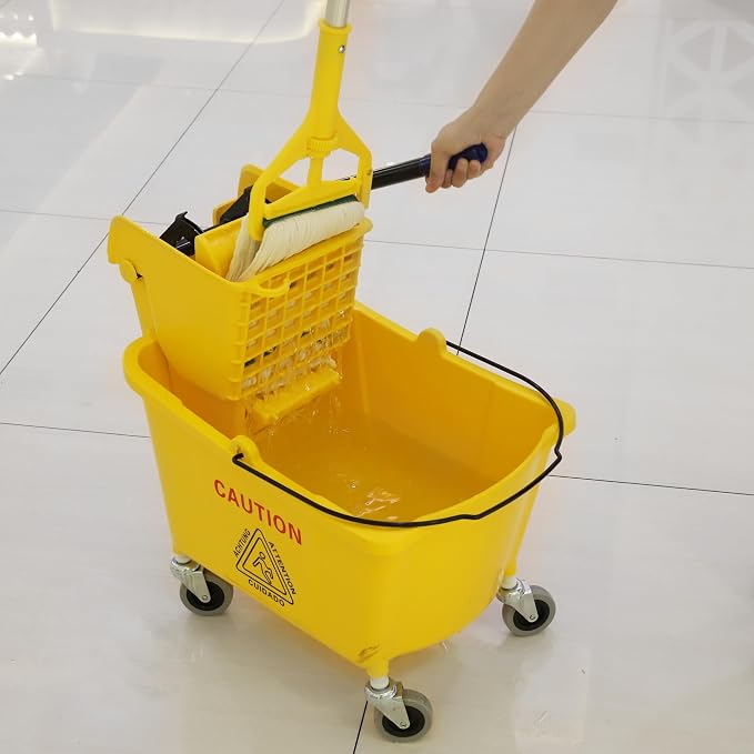 Midoneat Commercial Mop Bucket with Side Press Wringer on Wheels | 35 Quart, Yellow, Including One Commercial Mop