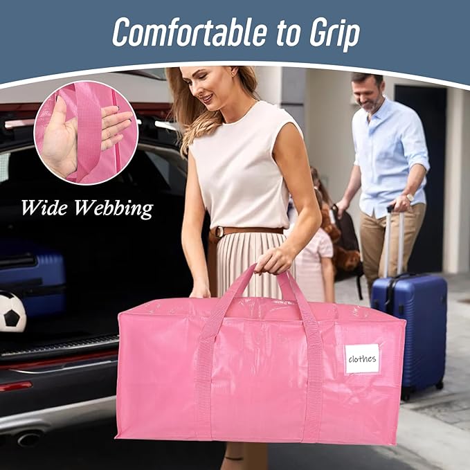 6 Pack Extra Heavy Duty Large Moving Bags with Strong Zipper, Pink | Comfortable Handles, Sturdy & Durable Clothes Storage Bags Totes Bins, Blue Packing Moving Boxes for College Supplies