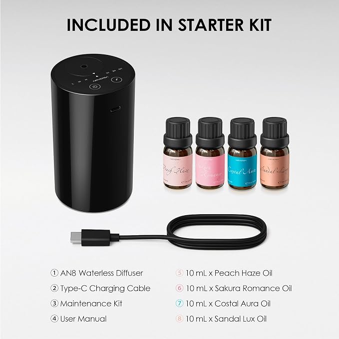 Airversa AN8 Waterless Essential Oil Diffuser Starter Kit, Black | 4 x 10mL Fragrance Oil, Up to 600 sq ft, Battery Operated, Portable for Home Car Office, AN8Kit-4x10-02